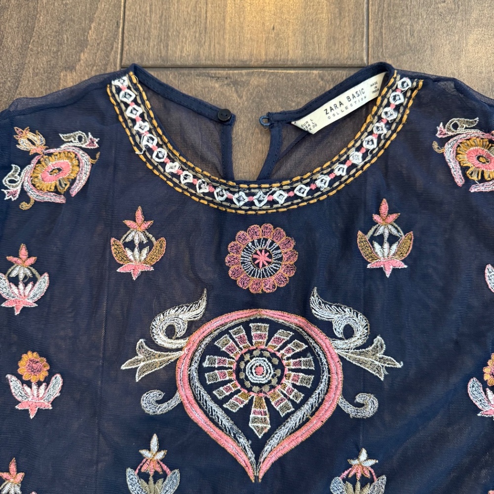Zara Blue Mesh Boho Style Top Large - Picture 4 of 6